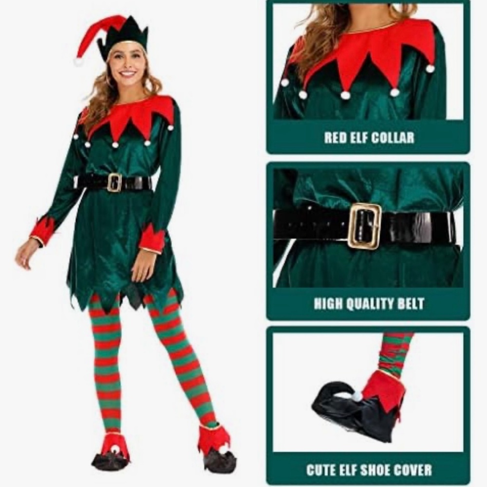 Eraspooky Women Christmas Elf Costume Santa Elf, Holiday Size Medium